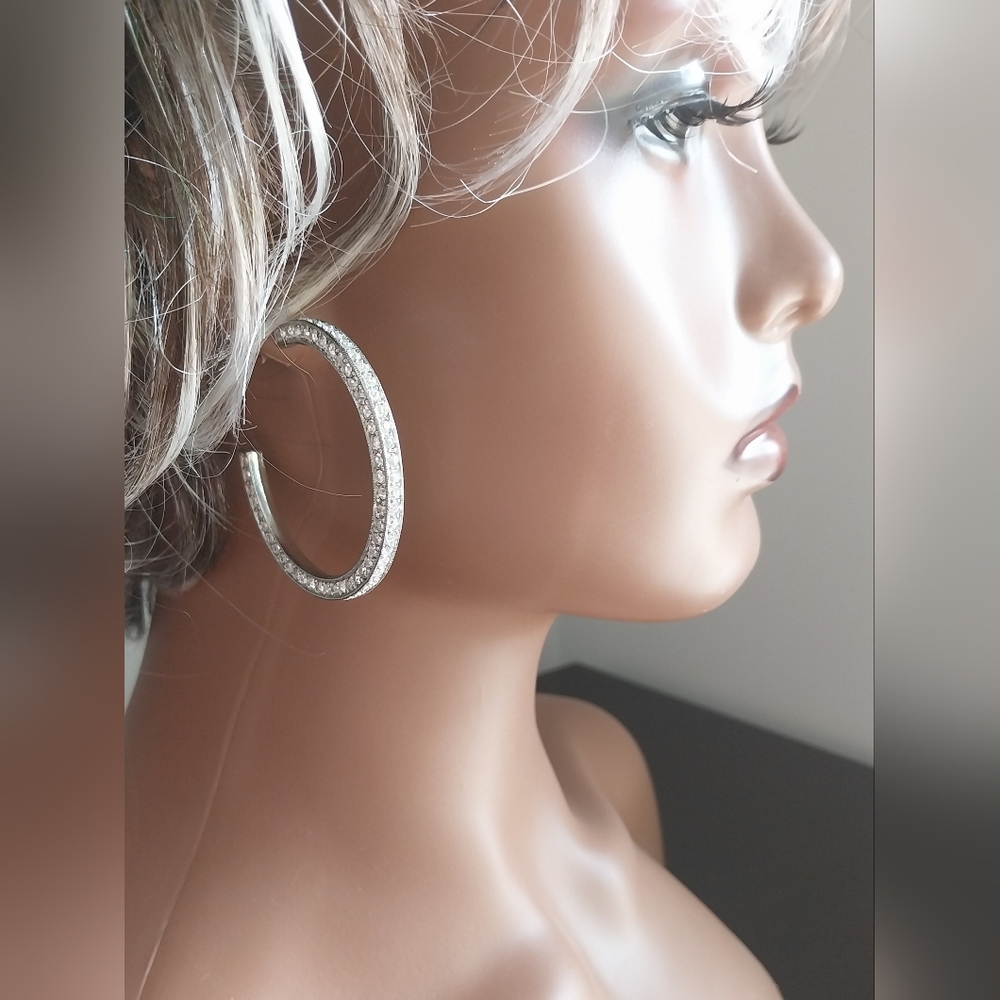 Vintage Kenneth Lane Sparkling Silver Crystal Hoop Earrings - Picture 9 of 16